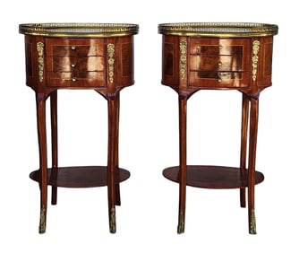 Pair of French Louis XVI Style Oval Side Tables with Bronze Mounts