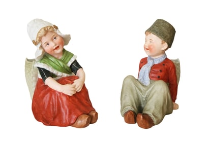 Pair of Hand-Painted Porcelain Child Figurines with Woven Baskets, European Style