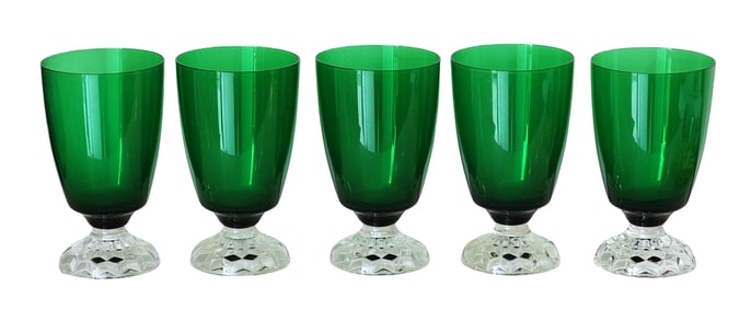 Set of 5 Vintage Green Crystal Goblets with Cut Glass Bases