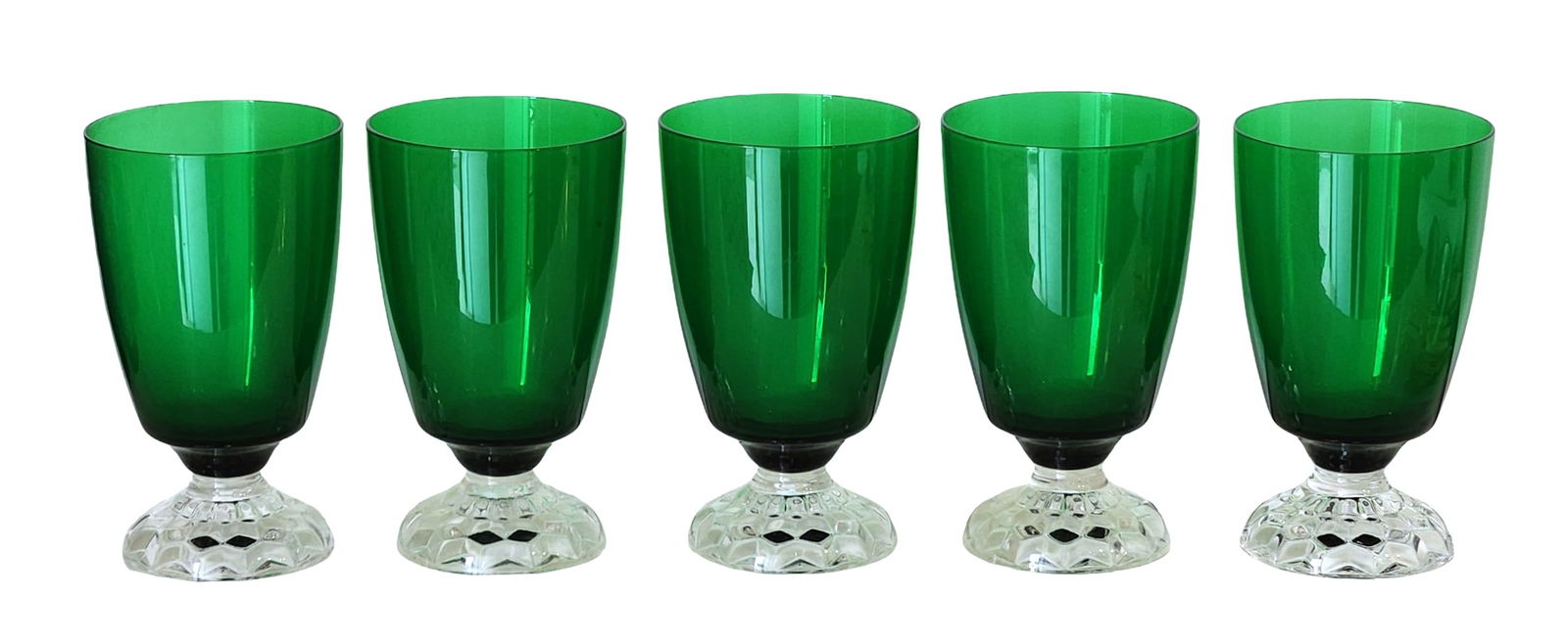 Set of 5 Vintage Green Crystal Goblets with Cut Glass Bases (1 of 1)