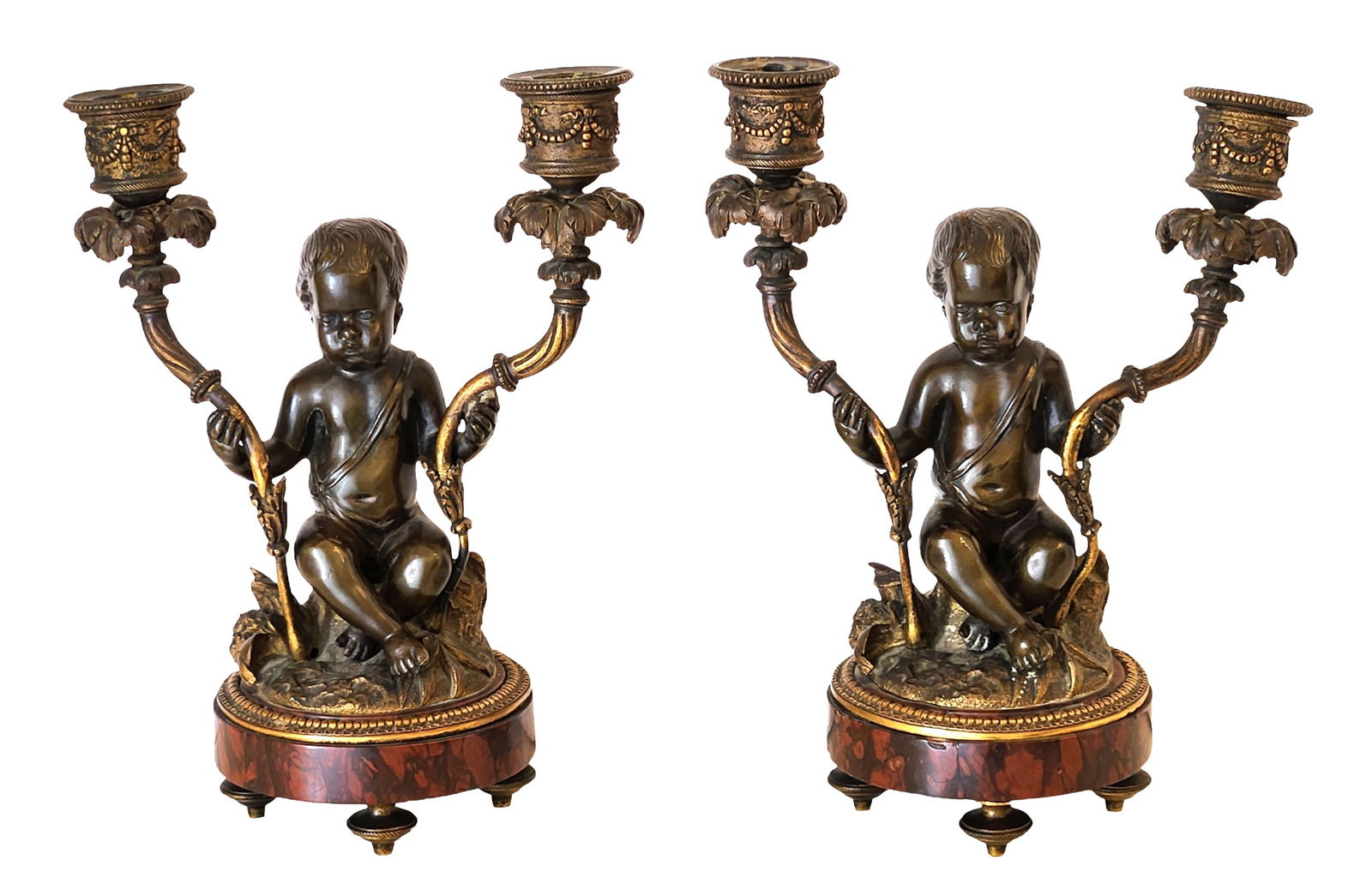 Pair of Antique Bronze Putti Figural Two-Arm Candelabras on Rouge Marble Bases (1 of 6)