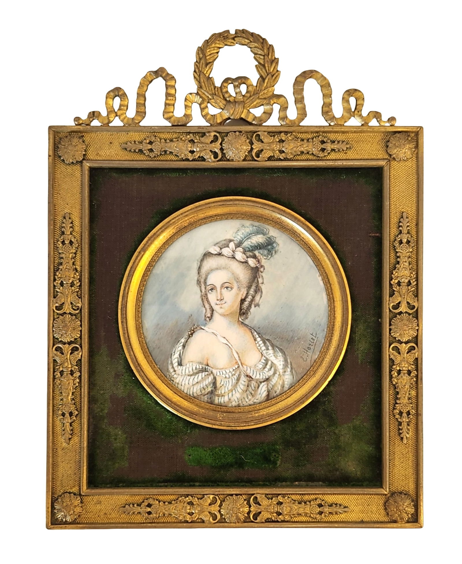 19th Century Miniature Portrait Signed E. Hariet in Gilt Bronze Frame (1 of 3)
