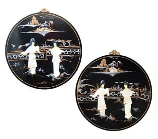 Vintage Pairs Geisha on Rounds Black Lacquer Plaque Handmade Paint
