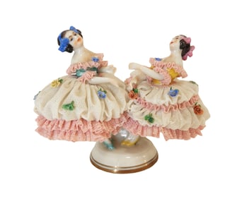 Volkstedt Porcelain Figural Group of Two Dancers, Dresden Lace Style, Thuringia