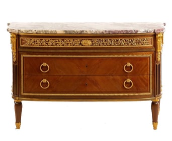 Important Louis XVI Style Commode by Haentges Freres with Marble Top and Gilt Bronze Mounts