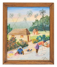 Haitian Village Scene with Figures, Signed Oil Painting