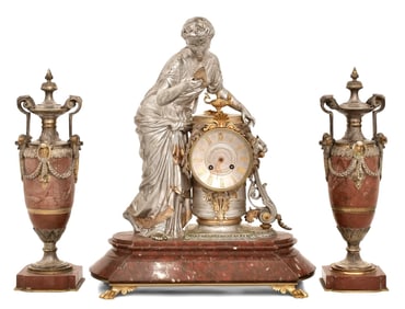 19th Century French Silvered Bronze and Rouge Marble Clock Garniture Set, Marked Juvenaux