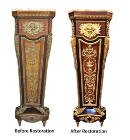 French Louis XVI Style Marble and Ormolu Mounted Pedestal with Marquetry After Jean-Henri Riesener