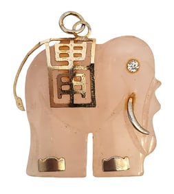 Vintage 14K Gold & Carved Quartz Elephant Pendant – Chinese Fu Character, Gold Accents, Diamond