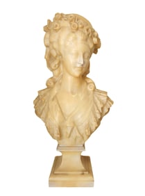 Antique Victorian Alabaster Stone Hand-Carved and Signed Bust of a Woman