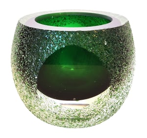 Scandinavian Modern Green Art Glass Vase/Bowl with Ice Texture, Signed