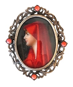 Antique 800 Silver Portrait Brooch Pendant with Coral Accents