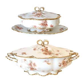 Pair of Haviland Limoges Covered Tureens with Trays, Floral & Gilt Decoration