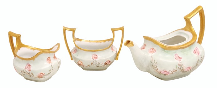 German Porcelain Tea Set by Ungo “Favorite,?? Bavaria, Floral Decoration with Gilt (3 Pieces)
