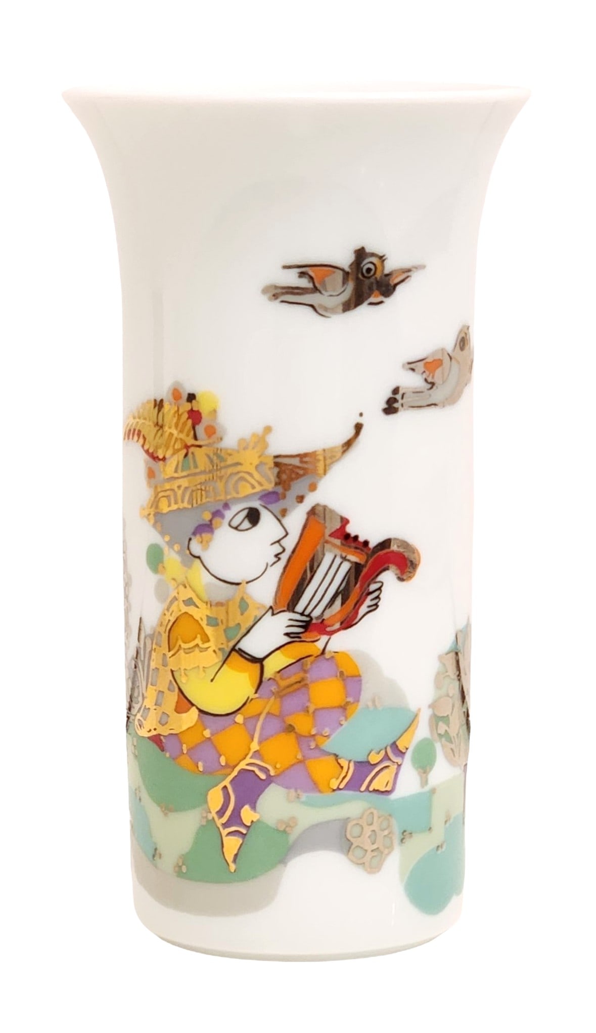 Rosenthal Studio-Line Porcelain Vase, Bjorn Wiinblad Design, Germany: Porcelain vase produced by Rosenthal, Germany, featuring a whimsical figural and landscape decoration designed by Bjorn Wiinblad. The scene depicts a stylized figure playing a harp amid birds and abst