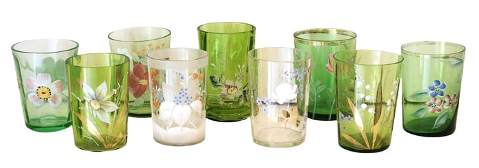Collection of Hand-Painted Green Glass Tumblers with Floral Decoration (9 Pieces)