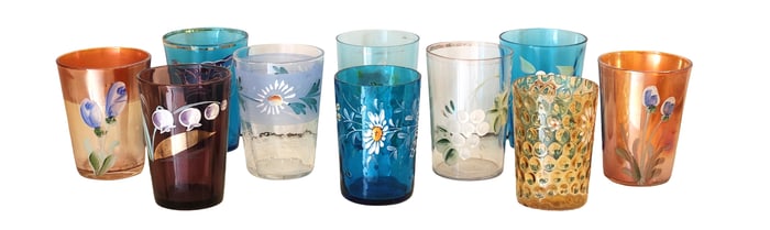 Collection of Hand-Painted Colored Glass Tumblers with Floral Motifs (10 Pieces)
