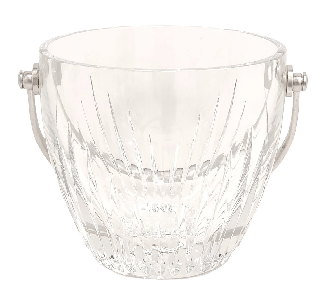 Baccarat France Cut Crystal Ice Bucket with Metal Swing Handles: Authentic Baccarat France cut crystal ice bucket, featuring a classic fluted pattern and substantial crystal weight. Designed with original metal swing handles on each side for ease of use The undersi