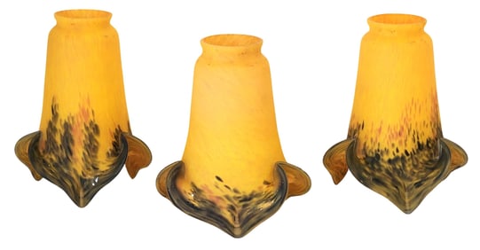Set of Three Art de France Signed Amber & Black Mottled Art Glass Lamp Shades