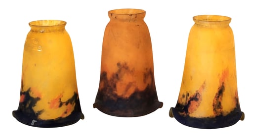 Set of Three Signed Muller Freres French Amber Art Glass Lamp Shades