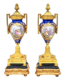 Pair of French Sevres-Style Porcelain Urns with Gilt Bronze Mounts, 19th Century