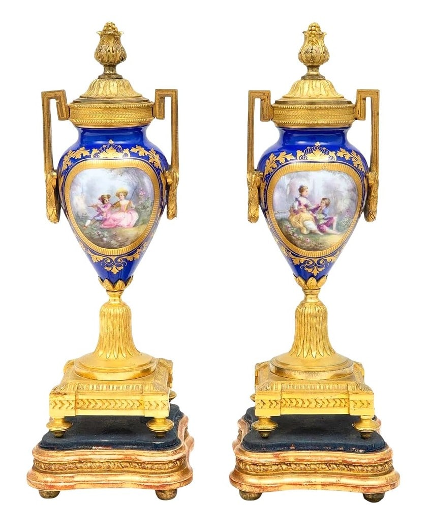 Pair of French Sevres-Style Porcelain Urns with Gilt Bronze Mounts, 19th Century (1 of 3)