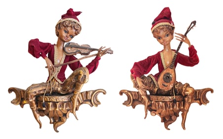 Pair of Carved Wood Wall Figures Depicting Seated Musicians with Velvet Costumes