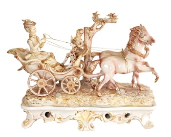 Italian Porcelain Carriage Figurine with Horse and Figures, Marked Italy