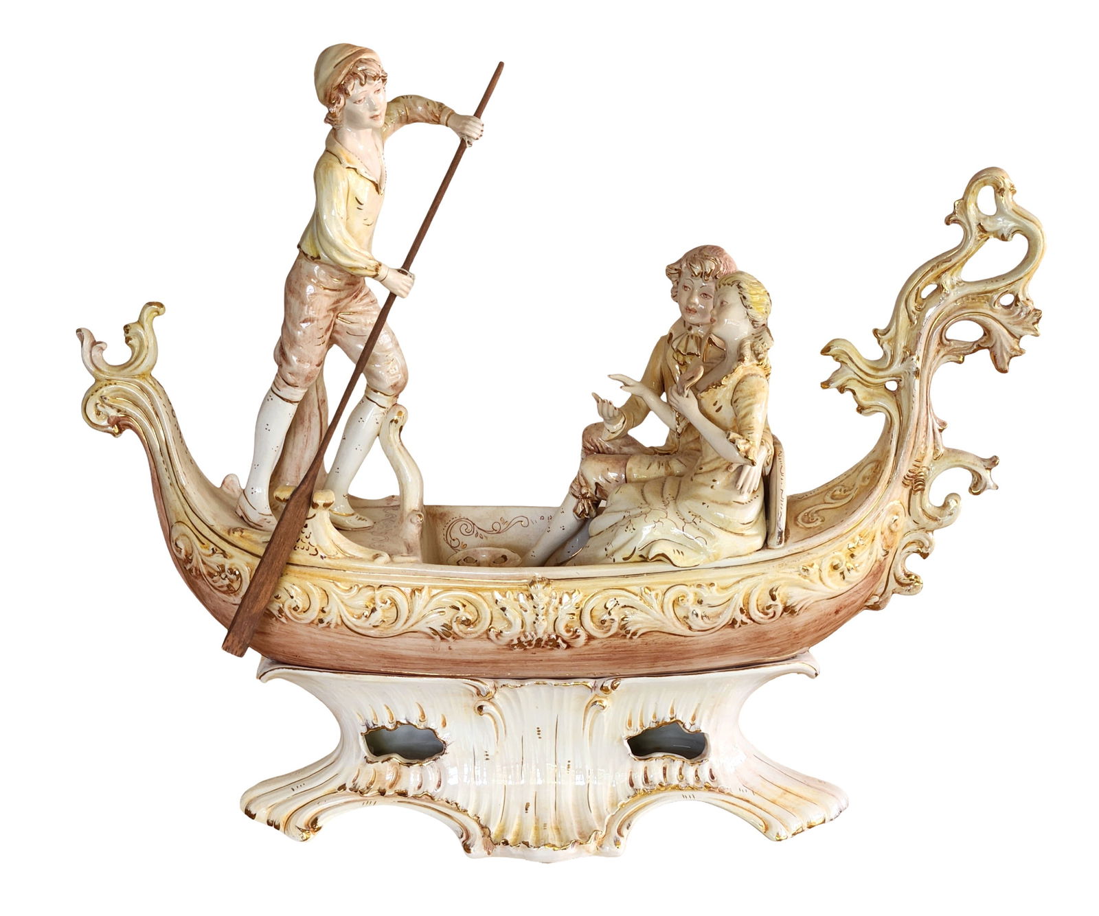 Italian Hand-Painted Ceramic Gondola Figurine Group – Lorenzon, Italy: Decorative Italian ceramic figurine depicting a romantic gondola scene with a standing gondolier and a seated couple. The piece is finely modeled with flowing Rococo-style details and hand-painted in