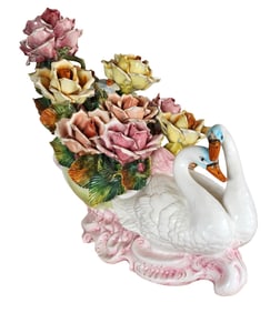 Capodimonte Italian Porcelain Swan Centerpiece with Hand-Sculpted Roses
