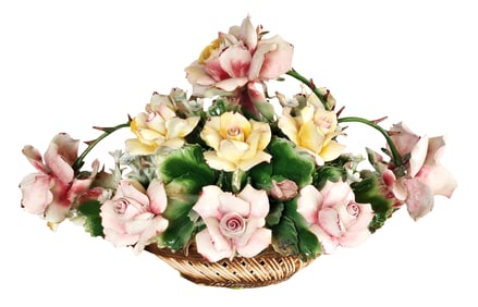 Italian Capodimonte-Style Porcelain Floral Basket Centerpiece with Hand-Modeled Roses