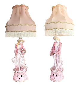 Palace-Size Pair of Porcelain Figurine Table Lamps with Shades, Windsor Lamps, Los Angeles