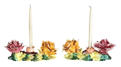 Pair of Capodimonte Floral Ceramic Candlesticks, Made in Italy