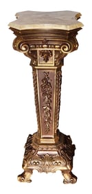 Antique Giltwood Pedestal with Carved Floral Motifs and Onyx Top