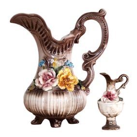 Italian Porcelain Ewer and Miniature Vase with Applied Floral Decoration, Mid-20th Century