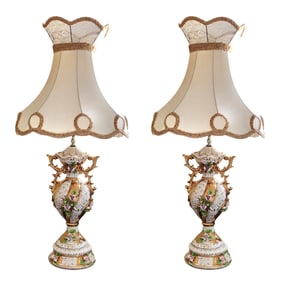 Pair of Ornate Hand-Painted Porcelain Table Lamps with Floral & Gilt Decoration