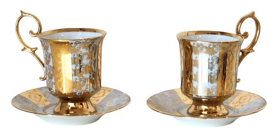 Pair of Polovi Porcelain Demitasse Cups and Saucers with Heavy Gilt Decoration, Brazil