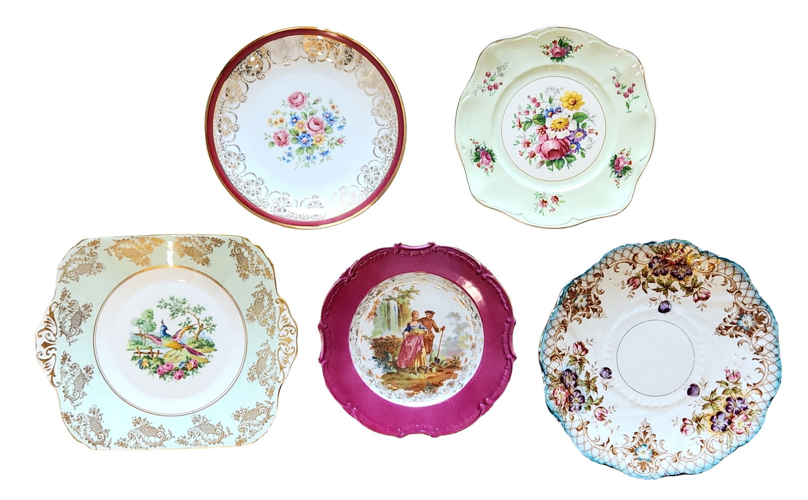 Group of Five Decorative Porcelain Plates, English and German Makers, 20th Century: Group of fivedecorative porcelain plates featuring floral, figural, and ornamental designs, with gilt and colored borders. The group includes examples marked Johnson Bros., England, Foley Bone China,