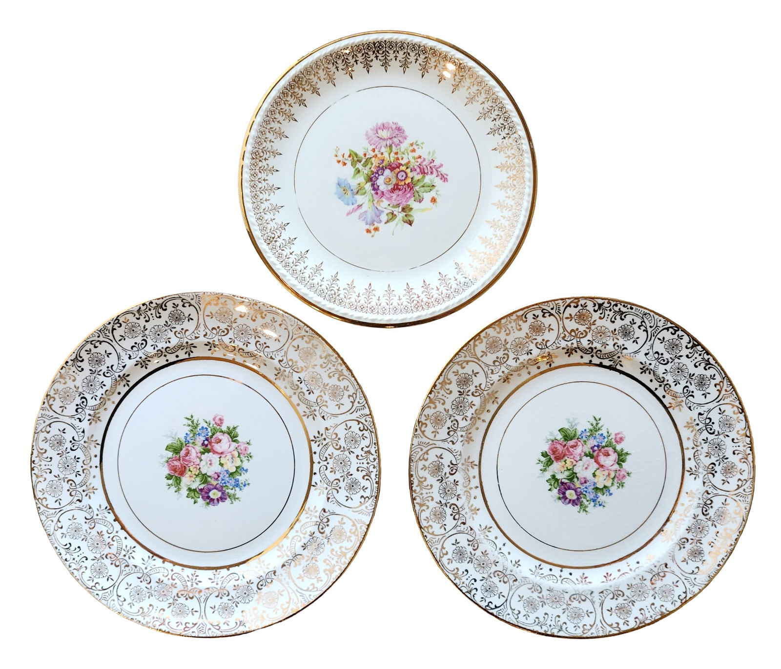 Group of Three Gilt-Decorated Porcelain Plates with Floral Centers, Unsigned (1 of 3)