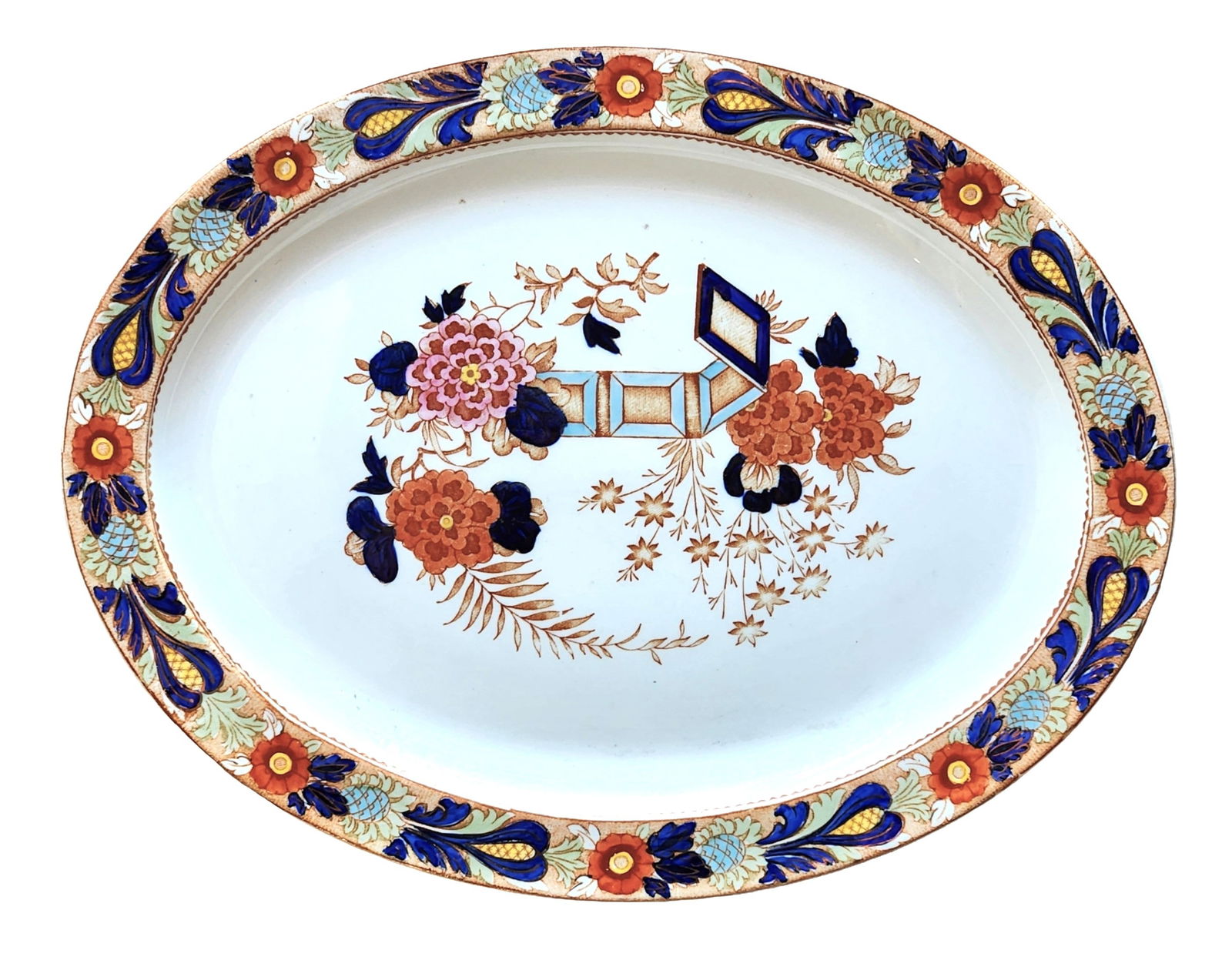 Antique Woods Ware Wincanton Transferware Platter, England: Antique oval ceramic platter produced by Woods Ware, marked Wincanton, Wood & Sons, England. The platter features a richly detailed transfer-printed floral and foliate design, with a central decorativ