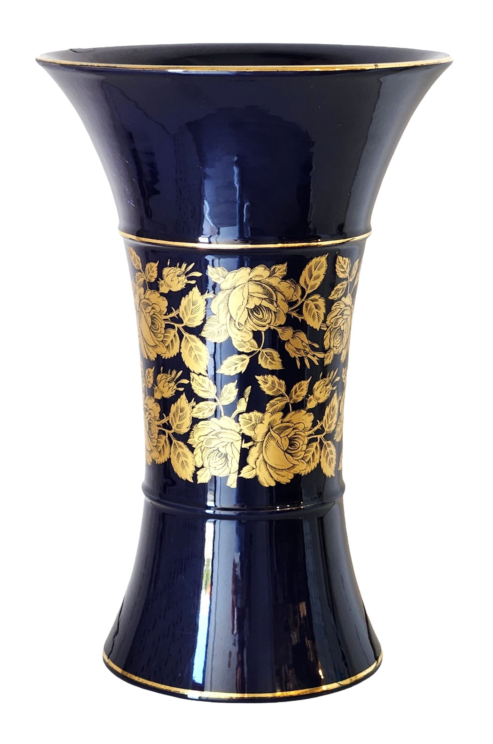 Italian Hand-Painted Cobalt Blue & Gilt Floral Vase, Florence: Elegant hand-painted ceramic vase produced in Florence, Italy, featuring a rich cobalt blue glaze with lavish gilt floral decoration in a continuous rose motif. The form flares gracefully at the rim a