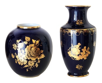Pair of Cobalt Blue & Gilt Porcelain Vases, Royal Bavaria KPM & Limoges France