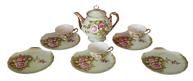 Antique Limoges France Hand-Painted Floral Porcelain Tea Set, 9-Piece