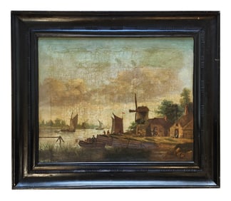Dutch School, 19th Century – River Landscape with Windmill