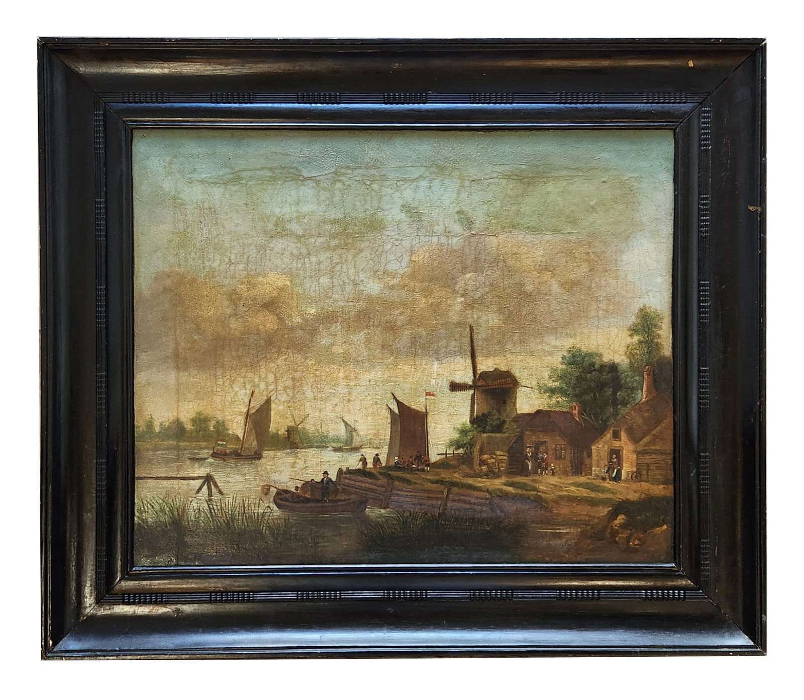 Dutch School, 19th Century – River Landscape with Windmill: Oil on canvas, Dutch School, 19th century. The painting depicts a tranquil river landscape with sailing vessels, figures along the shoreline, cottages, and a prominent windmill beneath a softly cloude