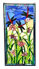 Decorative Stained Glass (Vitral) Panel with Dragonflies and Floral Motif, Art Nouveau Style