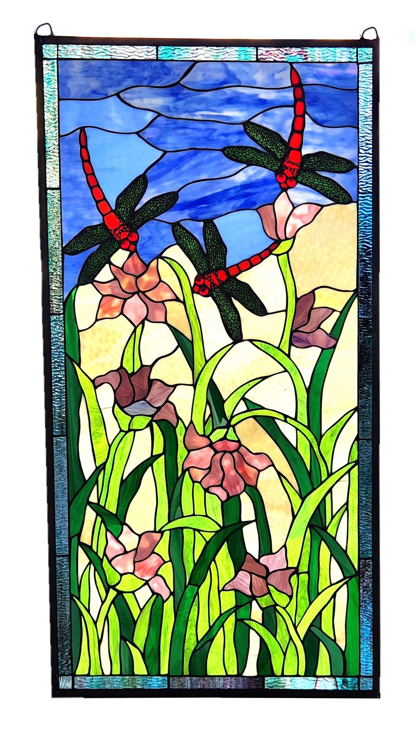 Decorative Stained Glass (Vitral) Panel with Dragonflies and Floral Motif, Art Nouveau Style: Decorative stained glass (vitral) panel depicting three dragonflies in flight above flowering plants and tall grasses, set against a stylized landscape and sky. Crafted from colored and opalescent gla