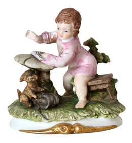 Antique German Porcelain Child Figurine with Dog & Book, 19th Century