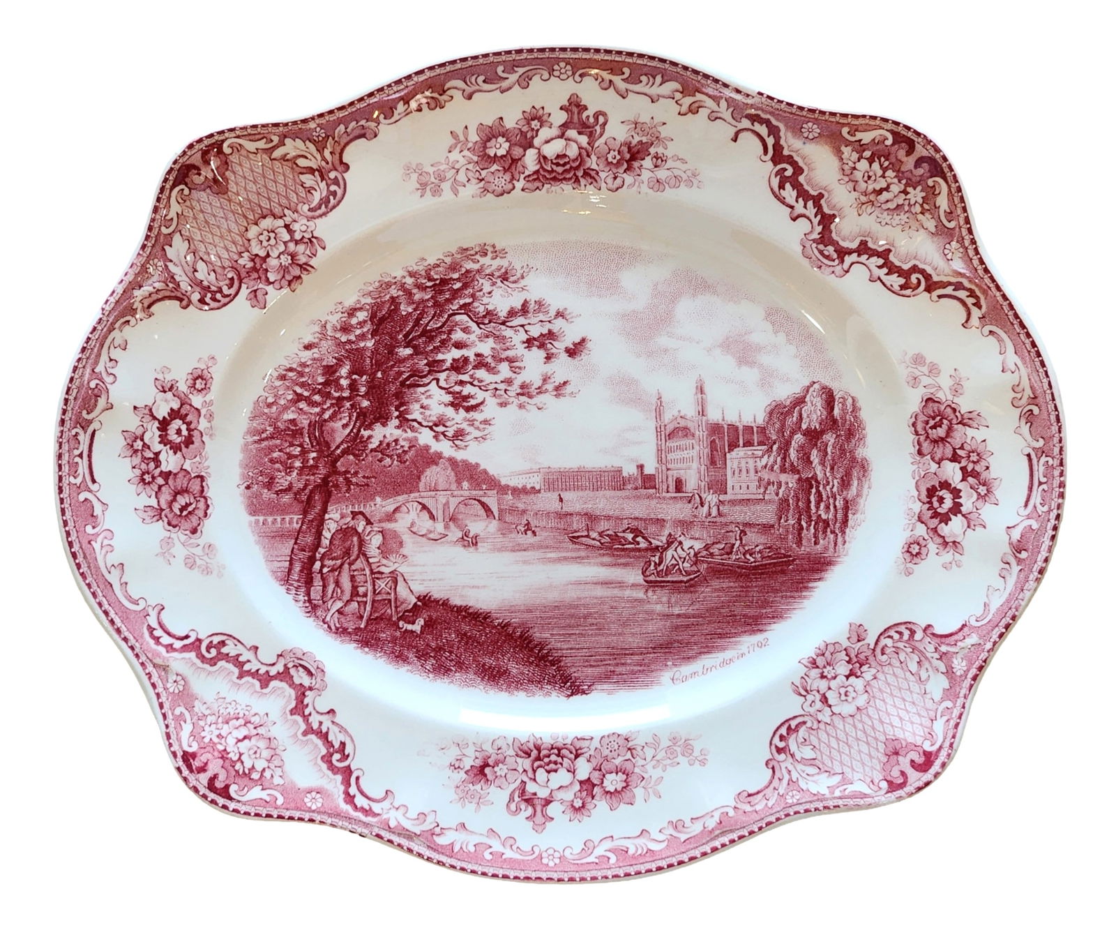 Set of Four Johnson Bros. “Old Britain Castles?? Red Transferware Platters, England: Lot of four vintage ceramic platters by Johnson Bros., England, featuring the classic “Old Britain Castles” red transferware pattern. Each platter displays a detailed pastoral castle scene wit