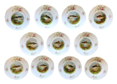 Set of Eleven Antique Austrian Fish-Themed Porcelain Plates, Hand-Decorated